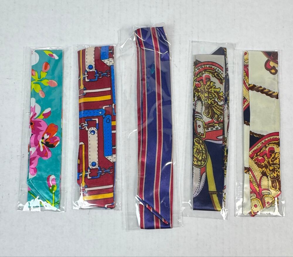 5 Pc Purse Twilly Scarf Lot Floral Equestrian Striped Handbag Handle Wrap Set